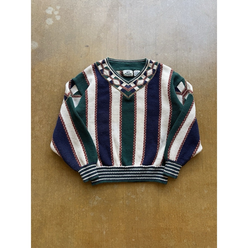 VTG 90s Van Heusen 417 Knitted Striped Aztec Heavy V-Neck Sweater L